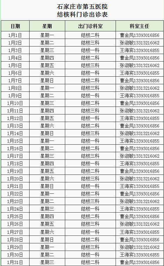 2024年1月份結(jié)核科門診出診表